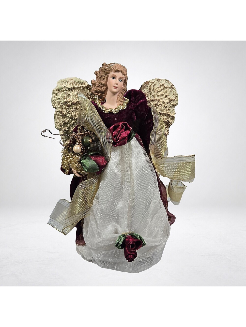 Vintage Kmart Angel Christmas Tree Topper, 12in, Burgundy & Gold